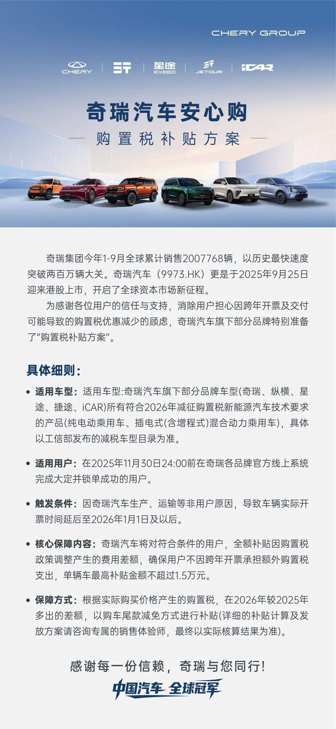 奇瑞汽车购置税补贴方案公布，最高1.5万元